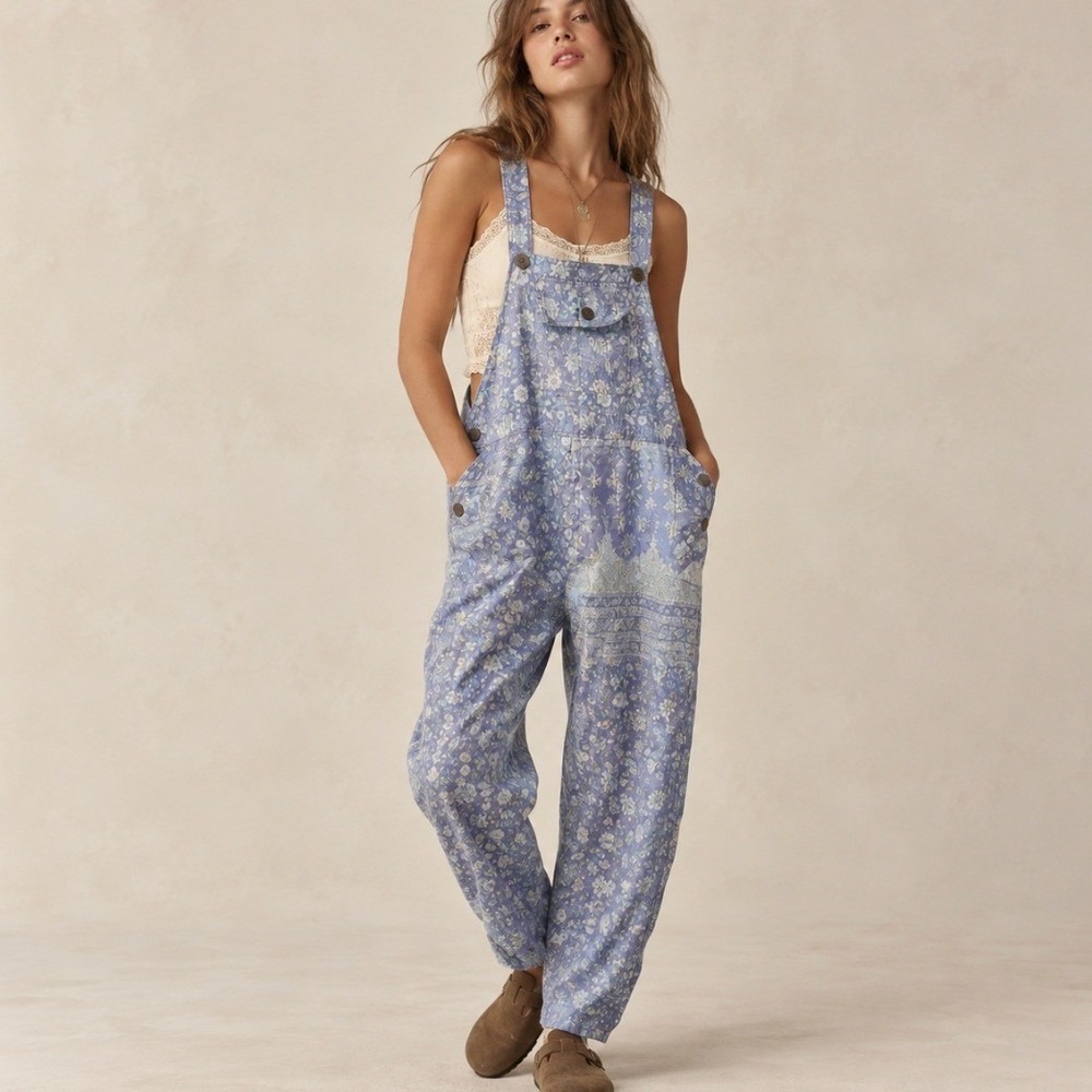 Silk Overalls Floral Paisley Blue Boho Jumpsuit Recycled Sari Kantha Hippie Art